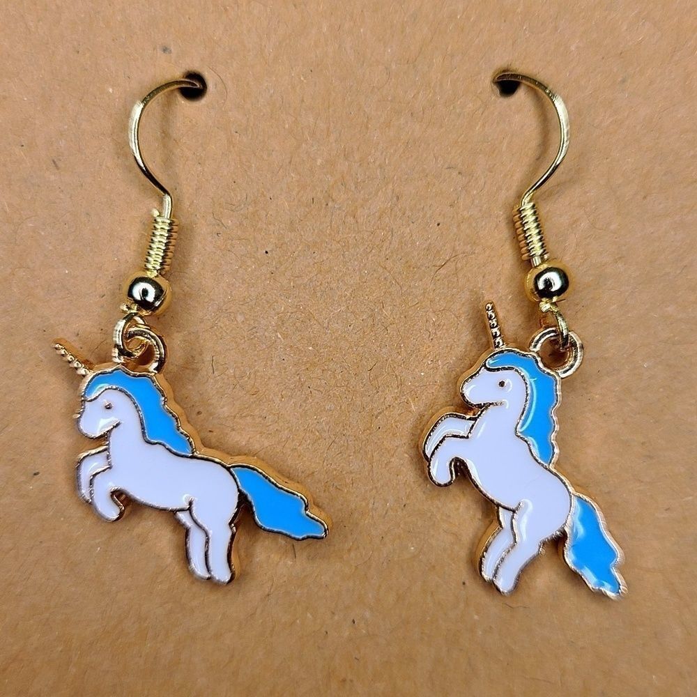 New Hand Crafted Cute White & Blue Unicorn Hook Earrings 14K Gold Plated